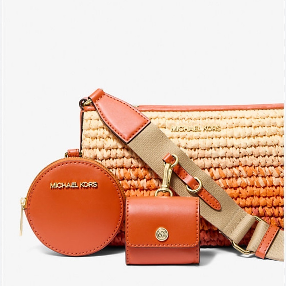 NWT Michael Kors ombre Tan Orange straw Woven Crossbody / shoulder Bag 3 pieces